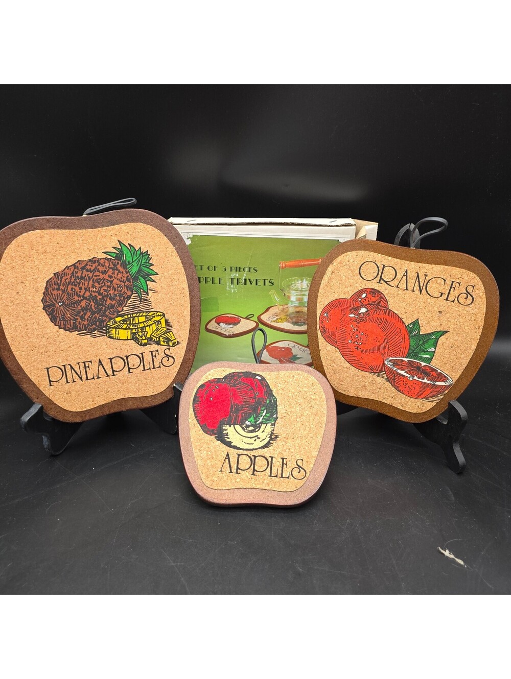 Vintage House of Lloyd "Set of 3 Apple Trivets" Cork & Wood Hot Pads with Box